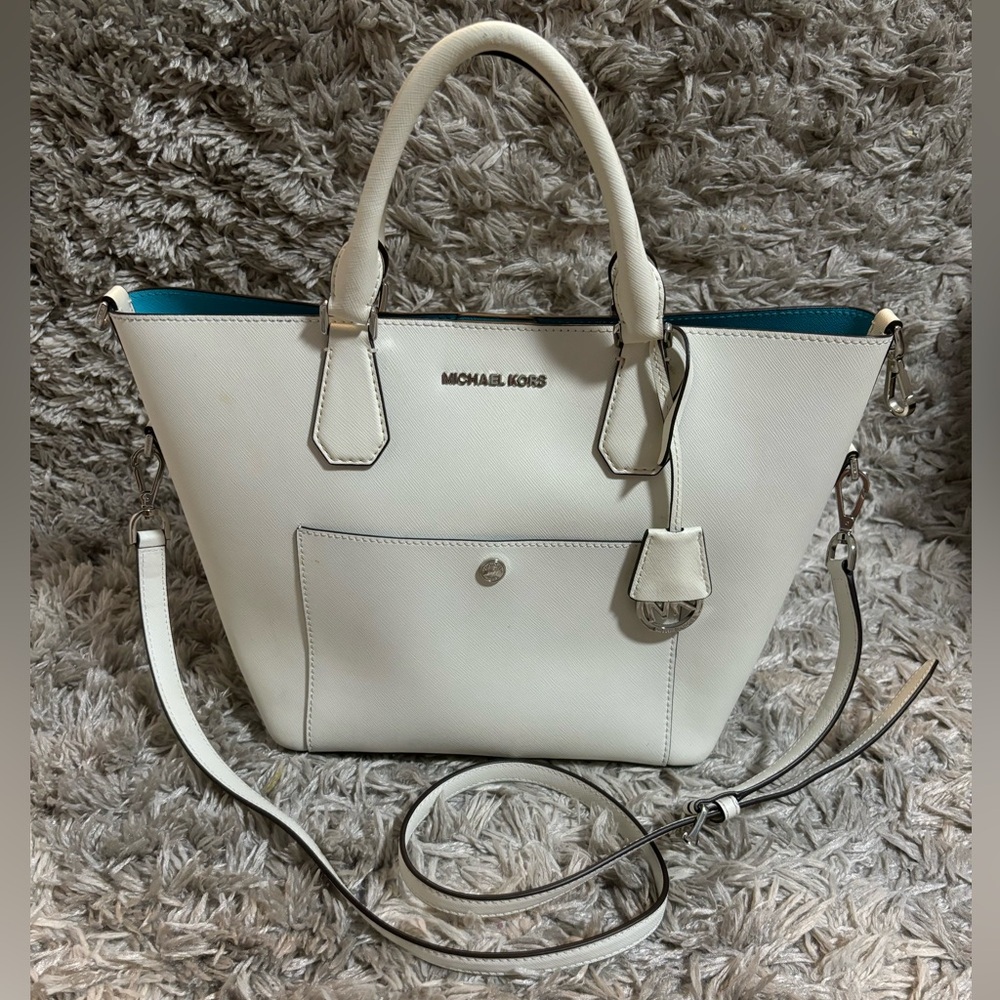 Michael Kors white and blue large grab bag with detachable strap
